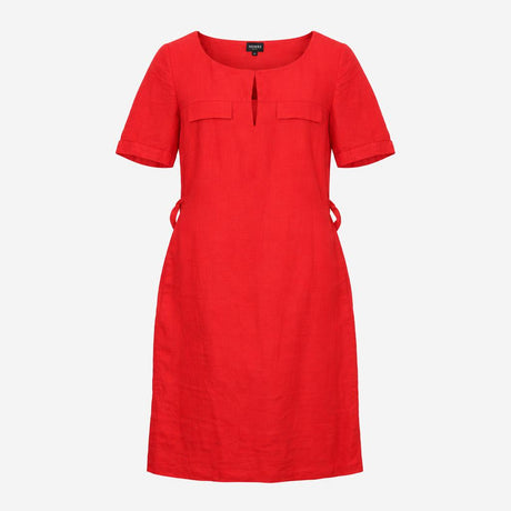Bright Red Linen Short Sleeve Keyhole Neck Belted 