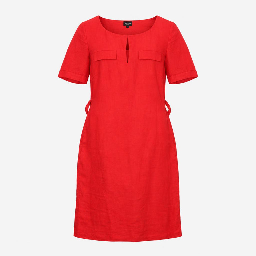 Bright Red Linen Short Sleeve Keyhole Neck Belted 