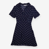 Midi Dress Navy Paisley Print Draped Neck Short Sl