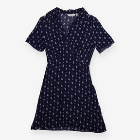 Midi Dress Navy Paisley Print Draped Neck Short Sl