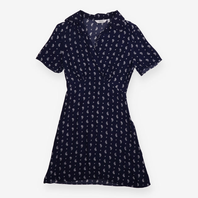 Midi Dress Navy Paisley Print Draped Neck Short Sl
