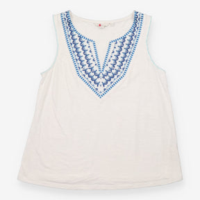 Top Sleeveless Embroidered V-Neck Cotton White Blu