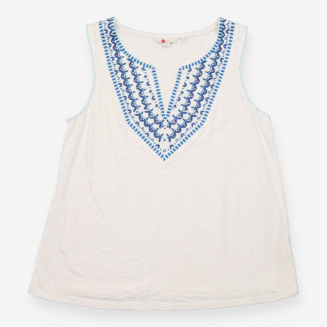Top Sleeveless Embroidered V-Neck Cotton White Blu