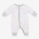 Sleepsuit white zip coloured hearts grey edge