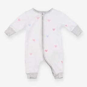 Sleepsuit white zip coloured hearts grey edge