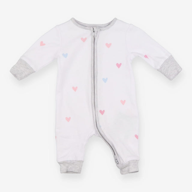Sleepsuit white zip coloured hearts grey edge