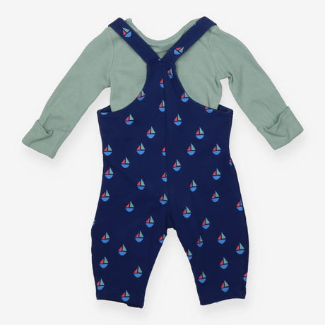 Dungaree Navy with Boats and Green Bodysuit