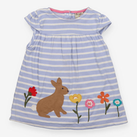 Dress SS blue white stripe brown bunny and flowers