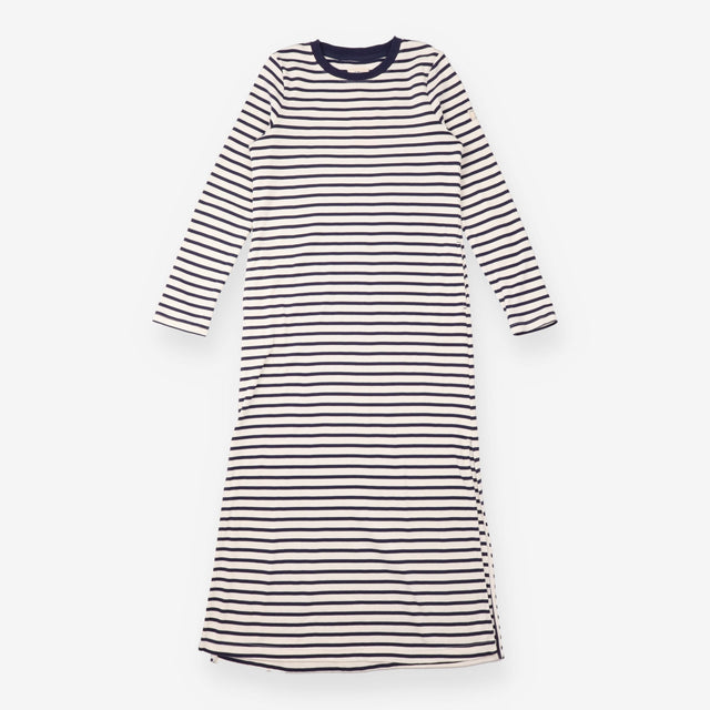 Maxi Dress Cream Navy Stripe Long Sleeve Cotton
