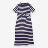 Jersey Dress Navy Cream Stripe Tie Waist