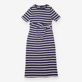 Jersey Dress Navy Cream Stripe Tie Waist