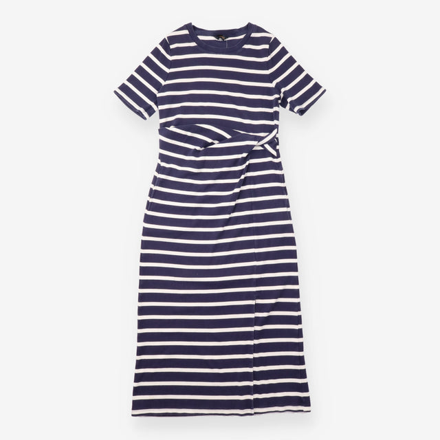Jersey Dress Navy Cream Stripe Tie Waist
