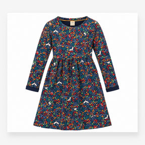 Dress Navy Blue Organic Cotton Floral Woodland Lon