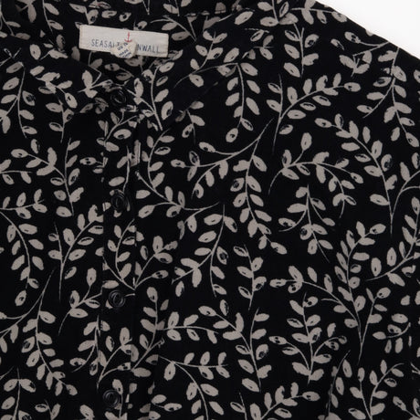Black Leaf Print Cord Midi Dress Tie Waist Lined