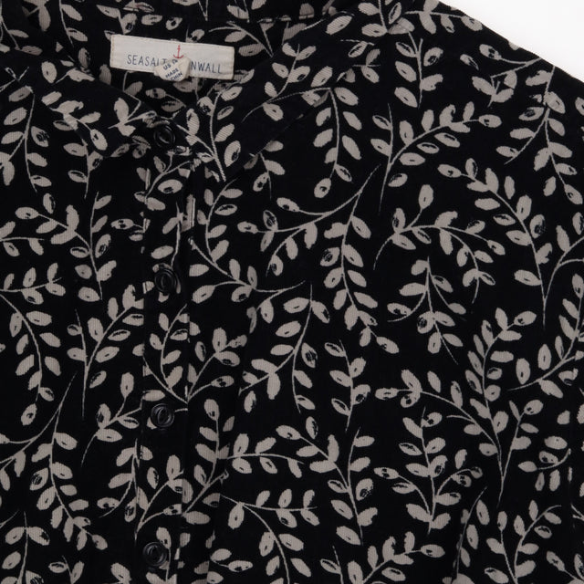 Black Leaf Print Cord Midi Dress Tie Waist Lined