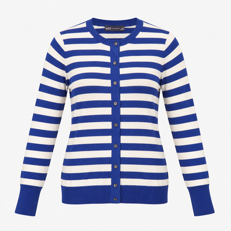 Blue and Cream Striped Crew Neck Cardigan