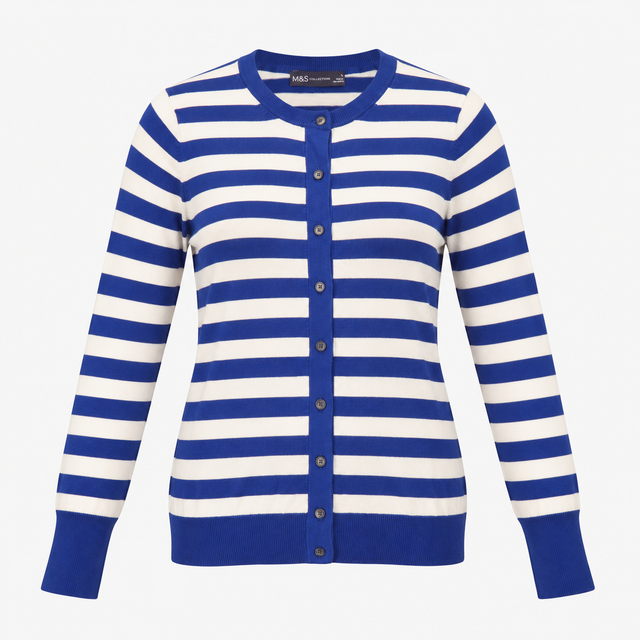 Blue and Cream Striped Crew Neck Cardigan