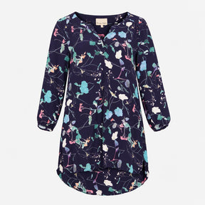 Dress Navy Blue Floral Print Long Sleeve V-Neck