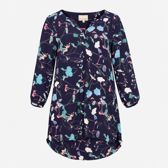 Dress Navy Blue Floral Print Long Sleeve V-Neck