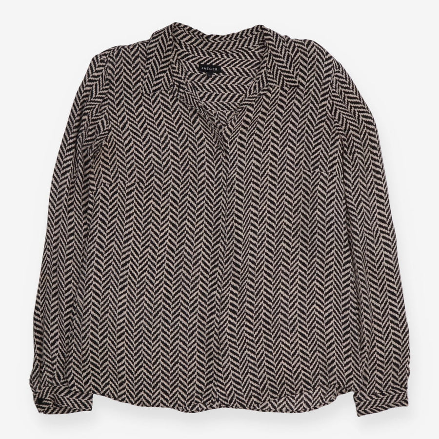 Blouse Black Cream Herringbone Long Sleeve Relaxed