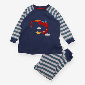 Pyjama with red dragon top and stripy bottom