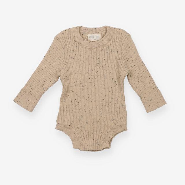 Beige ribbed knit bodysuit black specks