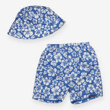 Blue hibiscus swim shorts and hat
