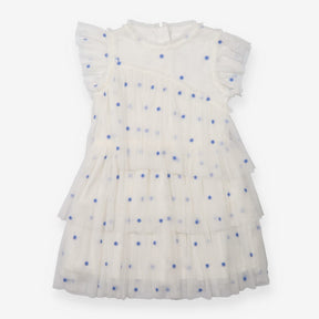 Tiered Dress White with Tulle and Embroidered Blue