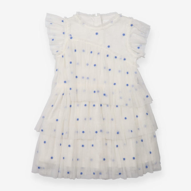 Tiered Dress White with Tulle and Embroidered Blue