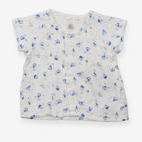 Cotton Gauze Shirt White with Blue and Yellow Boat