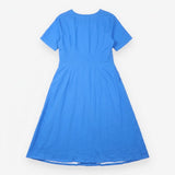 Midi Dress Linen Blend Short Sleeve V Neck Blue