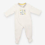White collared ribbed sleepsuit with ducks, fish, 