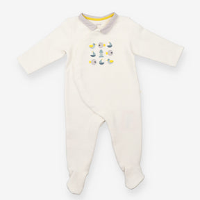 White collared ribbed sleepsuit with ducks, fish, 