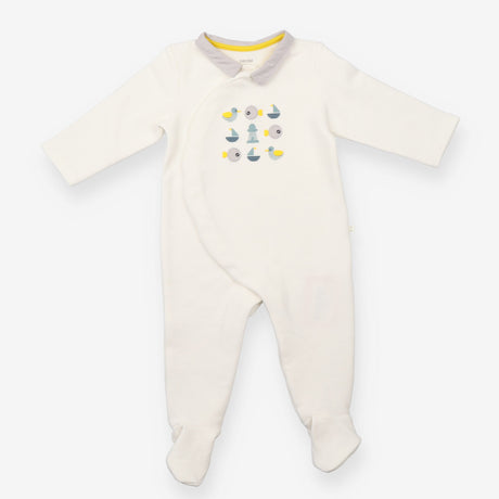 White collared ribbed sleepsuit with ducks, fish, 