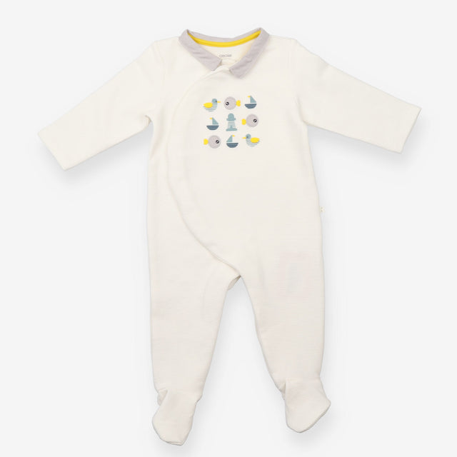White collared ribbed sleepsuit with ducks, fish, 