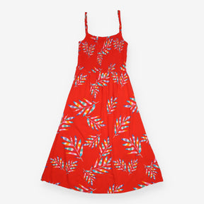 Midi Dress Red Rainbow Frond Shirred Sundress