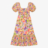 Cotton Floral Tiered Midi Dress Puff Sleeve V-Neck