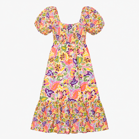 Cotton Floral Tiered Midi Dress Puff Sleeve V-Neck
