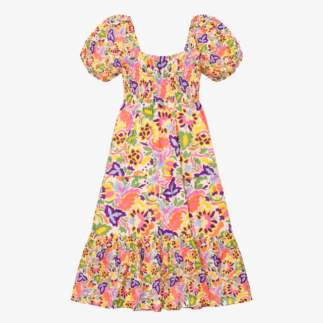 Cotton Floral Tiered Midi Dress Puff Sleeve V-Neck