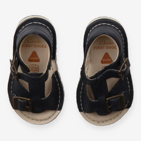 Navy sandals with brass buckle