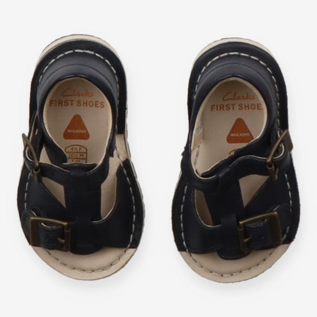 Navy sandals with brass buckle
