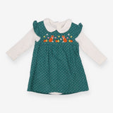 Cord Dress Green Ruffle Shoulders, Dots, Embroider