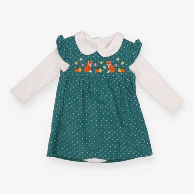 Cord Dress Green Ruffle Shoulders, Dots, Embroider