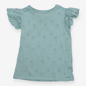 T-Shirt Green Frill Shoulders Flower Bunches