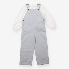 Outfit dungarees blue stripe white frill blouse