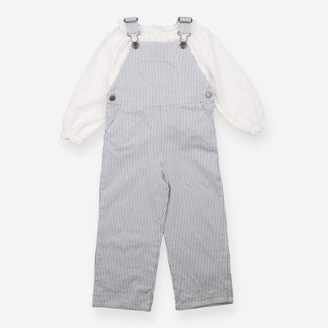 Outfit dungarees blue stripe white frill blouse