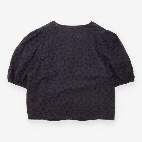 Broderie Anglaise V Neck Puff Sleeve Top Black