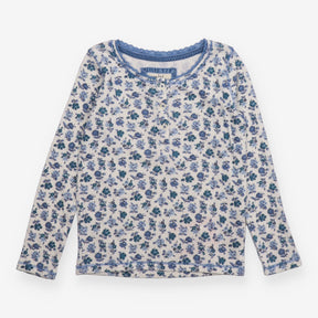 T-Shirt Long Sleeve Pointelle White Blue Floral
