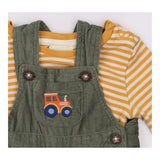 Outfit green cord dungarees tractor yellow stripe 