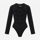 Black Stretch Cotton Tie Neck Chest Cut Out Button